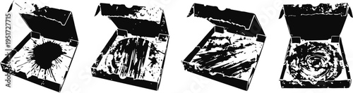 empty open pizza boxes with greasy stains and crumbs, ready for disposal or recycling