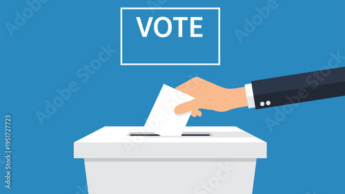 Person in business suit placing a white paper ballot into a ballot box with vote sign during a democratic election.