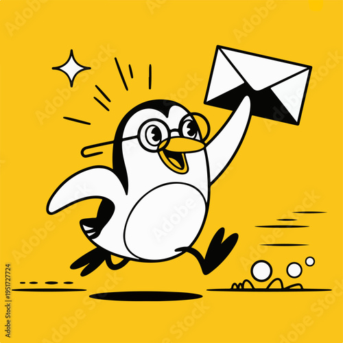 Penguin character wearing spectacles actively runs across a vibrant yellow backdrop, cheerfully delivering a white envelope with significant speed and enthusiasm, highlighting efficient communication.