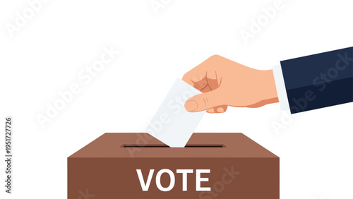 Close up of hand in formal suit putting a ballot paper into a blue voting box for democracy and election concept.