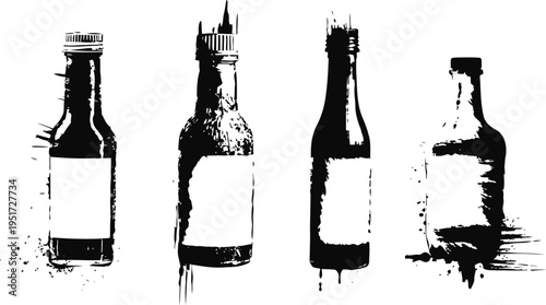 grunge illustration of four glass bottles with labels, ink splatter effect, monochrome design