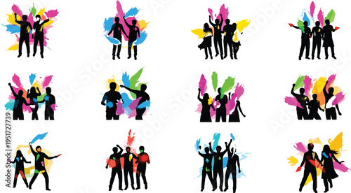 Dancing people silhouettes with colorful paint splash background, party celebration characters set, modern festival dance event design isolated on white background
