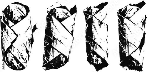 Set of four black and white grunge torn paper edges with rough textured distressed design