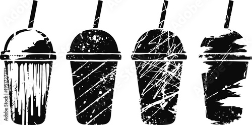 Four grunge takeout cold drink cups with straws, hand drawn black silhouettes set