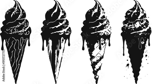 Melting ice cream cones dripping with creamy soft serve in artistic black silhouette designs