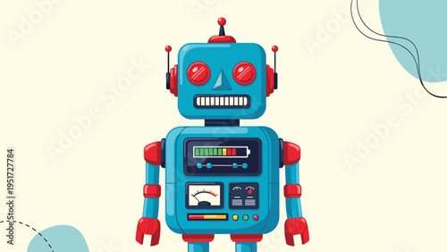 Retro style blue robot with red details and internal meters standing against a cream and blue abstract background.