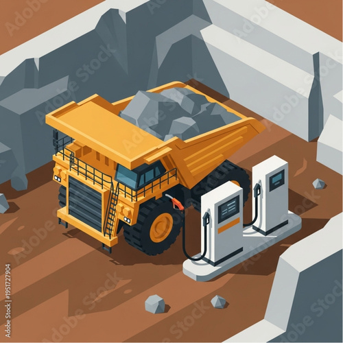 Large yellow mining dump truck refueling at a gas station in a quarry.