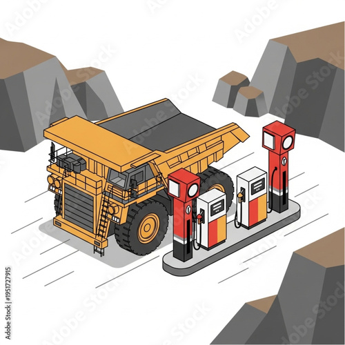 Large yellow mining dump truck refueling at gas station.
