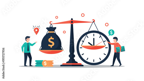 Two men balancing a large black money bag and a giant clock on a scale representing work life balance and time management.