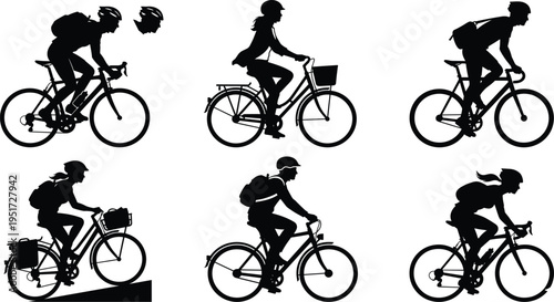Silhouettes of diverse cyclists riding bicycles in various postures, commuting, exercising, and leisure cycling with helmets and gear