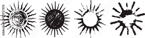 hand drawn black sun icons set with various rough and grunge artistic styles isolated on white