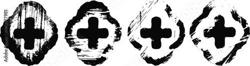 grunge medical cross icons set distressed healthcare symbols with rough texture, vintage design