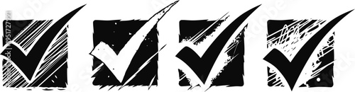 set of grunge check marks hand drawn selection symbols on black square backgrounds illustration