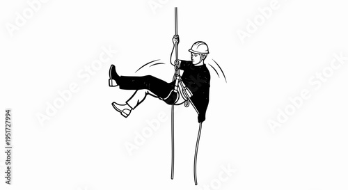 Person in hard hat rappelling down a rope with safety harness