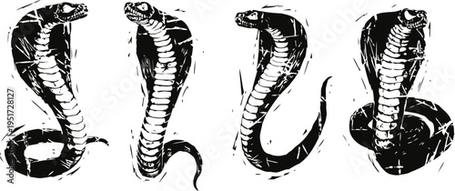 Black ink cobra snake illustrations with hood spread in different poses, tribal tattoo designs