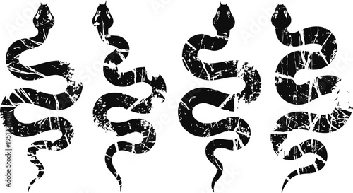 Grunge black snake silhouettes set snake illustration in different poses with distressed texture