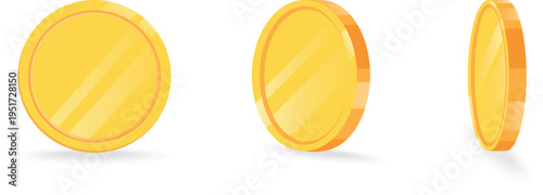 Set of rotating gold coin icons shown at different angles, flat vector illustration of golden coins isolated on white background, perfect for animation frames, UI elements, game design, and financial 