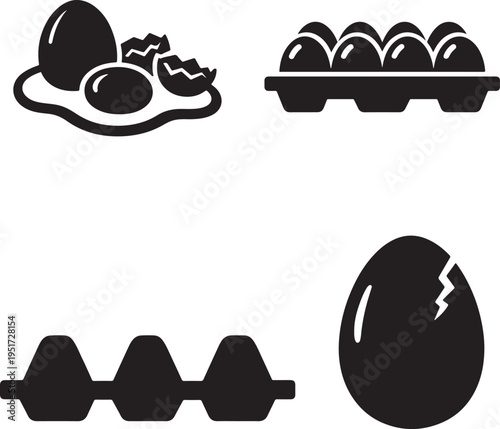 Bold minimal vector egg icons including fried egg and carton for food and nutrition