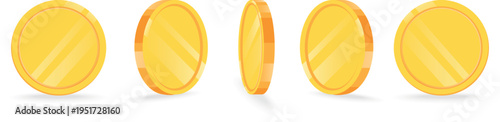 Set of rotating gold coin icons shown at different angles, flat vector illustration of golden coins isolated on white background, perfect for animation frames, UI elements, casino games, slot machines