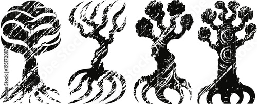 Four stylized abstract trees with twisted trunks and round canopies, black ink brush texture art