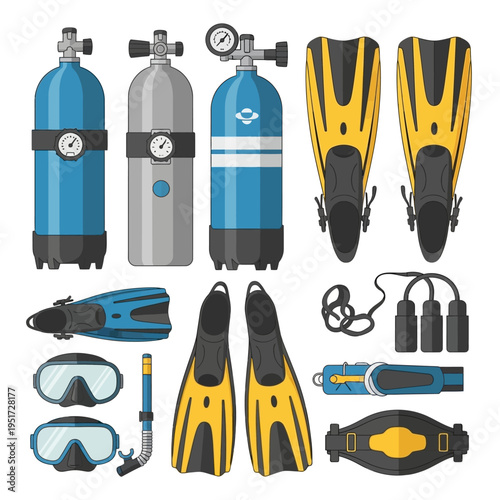 Scuba Diving Gear Collection: Tanks, Fins, Masks, Snorkel, Regulator, Weights