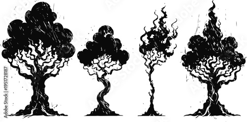 Four stylized burning and twisted trees with flames and smoke, black silhouette illustrations