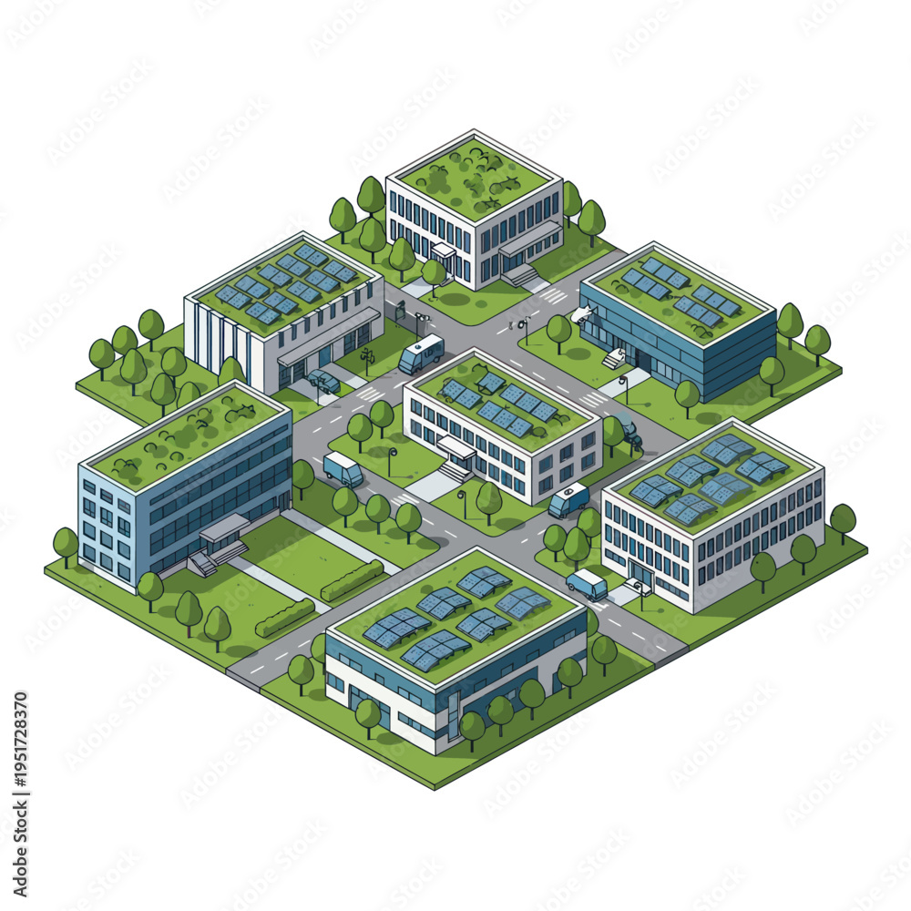 Obraz premium Isometric illustration of a modern urban district featuring sustainable buildings with green roofs and solar panels, surrounded by trees and roads with cars.