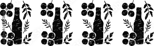 Wine bottle with grapes and vine leaves artistic black ink print design