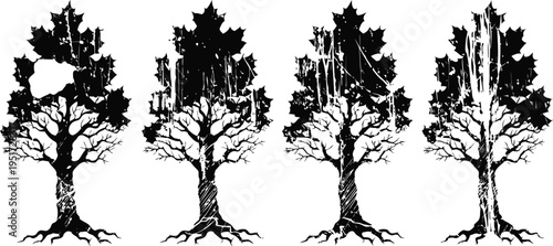 silhouettes of four bare trees with exposed roots and rough bark textures