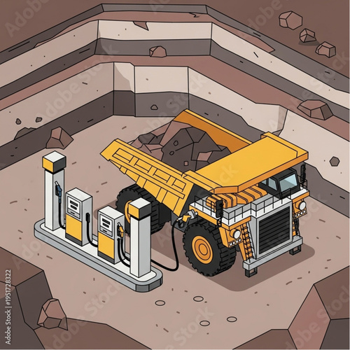 Large yellow mining truck refueling at a gas station in a quarry.