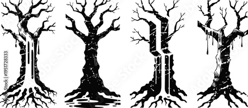 Set of grunge black trees with roots, bare branches, and dripping paint effects, isolated on white