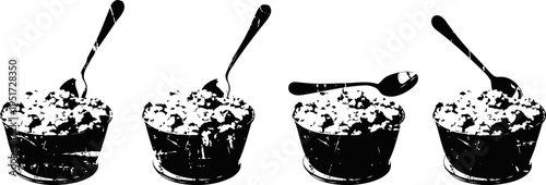 cottage cheese in glass bowls with spoons isolated on white background set of four