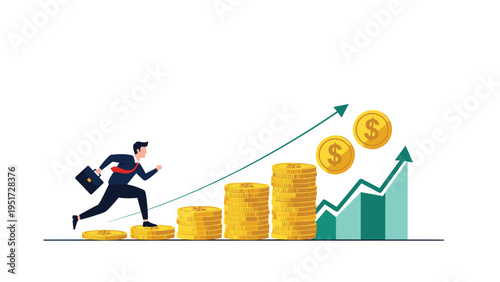 Energetic businessman running up a staircase of gold coins towards an upward arrow for total financial success.