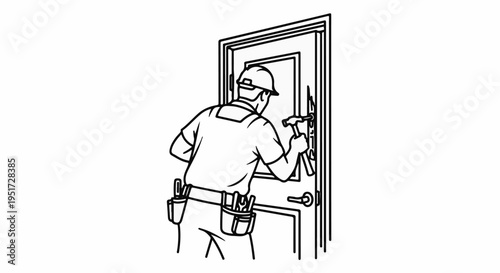 Person in hard hat works on door frame with hammer and tools
