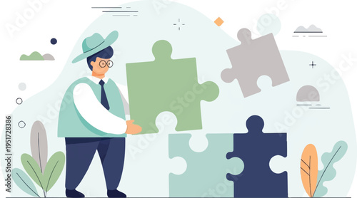 Person in hat and glasses fitting large puzzle pieces together with a calm background