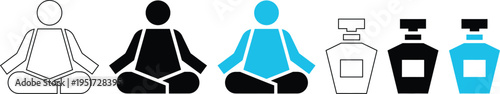 Minimalist Meditation Yoga Pose and Luxury Perfume Bottle Vector Icon Set for Wellness Branding