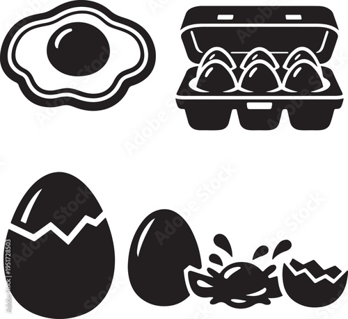Egg, fried egg, and carton bold vector icons for meals, nutrition, and breakfast prep