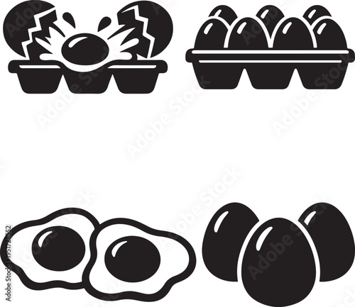 Egg, fried egg, and egg carton icons for cooking, food prep, and breakfast designs