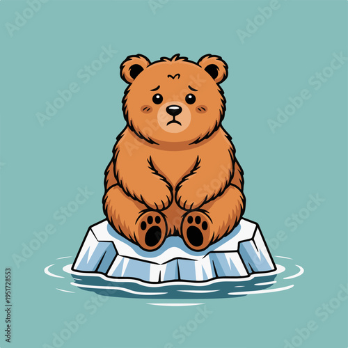 Sad polar bear sits alone on a small melting ice floe in blue water representing the urgent environmental crisis of global warming and habitat loss.