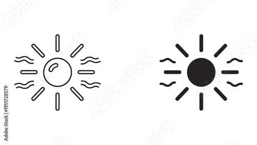 Set of Sun Icons with Heat Waves, Outline and Solid Styles, representing hot weather, sunshine, and climate.