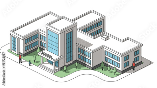 Isometric architectural illustration of a large modern school building with multiple wings large windows and trees on the surrounding green lawn.