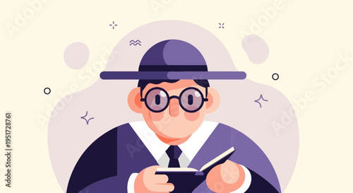 Person in hat and glasses reading a book with purple accents