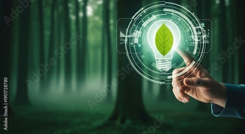 Glowing Light Bulb with Green Leaf Symbol, Eco Friendly Technology and Renewable Energy Concept