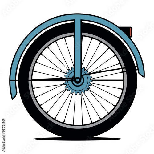A detailed illustration of a bicycle wheel with a blue fender
