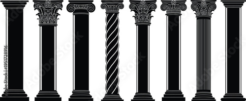 Classical column silhouette collection, ancient architecture vector set, Greek and Roman design illustration, black and white pillar icons, heritage clipart