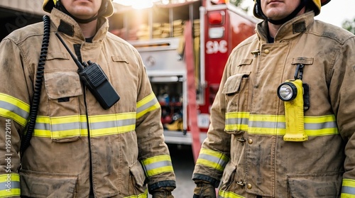 Firefighters in Protective Gear with Communication Devices near Fire Truck