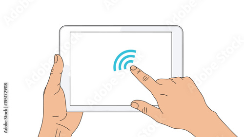 Hands holding a white tablet computer and touching a cyan wifi symbol for wireless internet connection theme.