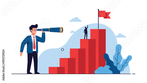 Visionary businessman looking through telescope at another person reaching the top of a large success bar graph.