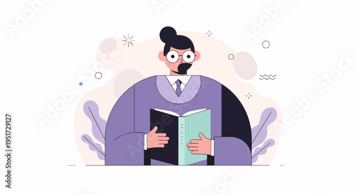 Person in academic robe reads book surrounded by abstract shapes and nature