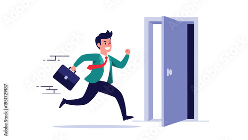 Businessman running with a briefcase towards an open door, symbolizing career opportunities, professional growth, and new beginnings.